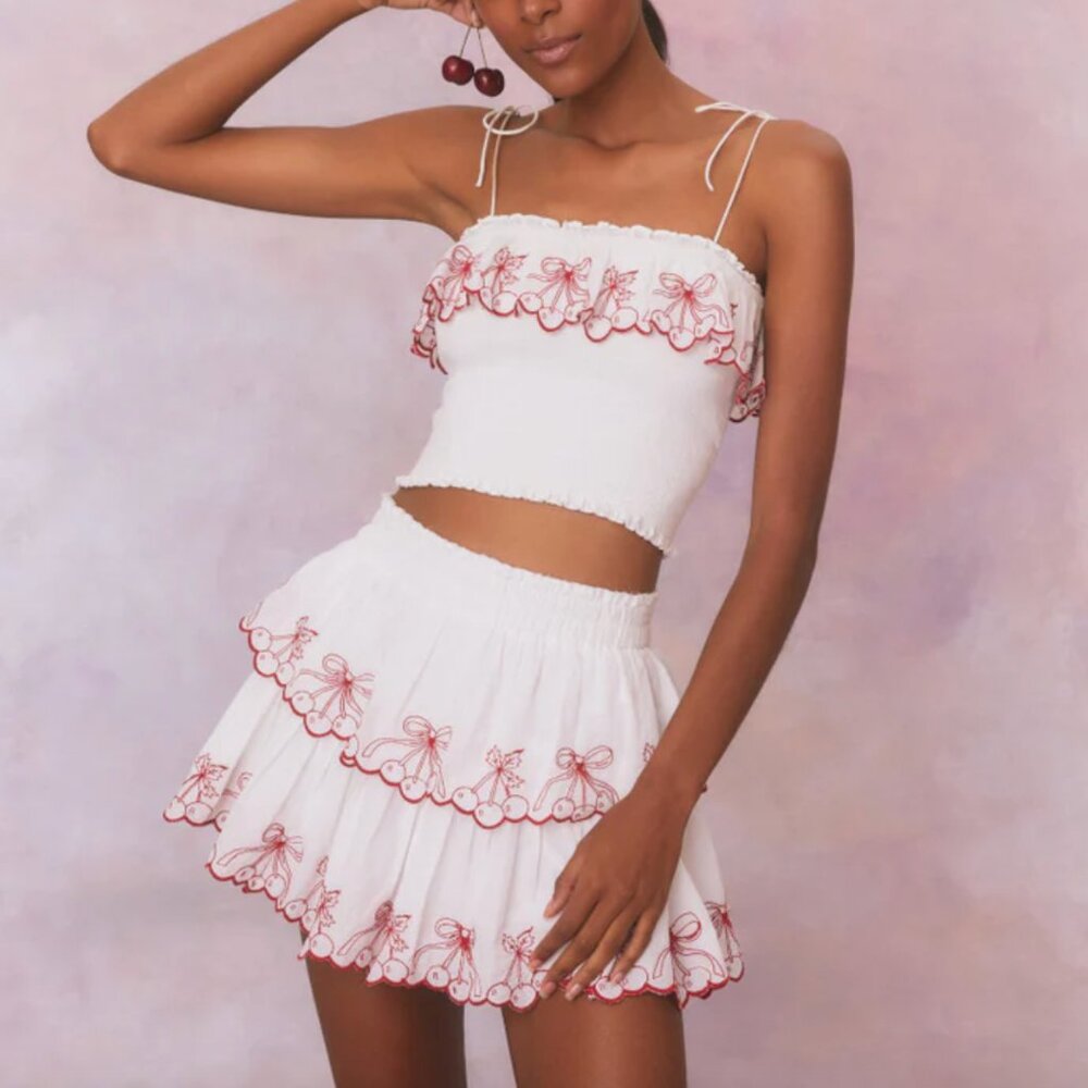 Carletta Cherry Embroidered Smocked Top & Amparo Skirt (sz M)